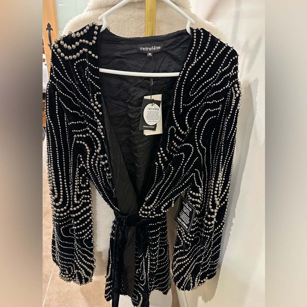 RETROFÊTE NWT Embellished belted velvet mini wrap dress
